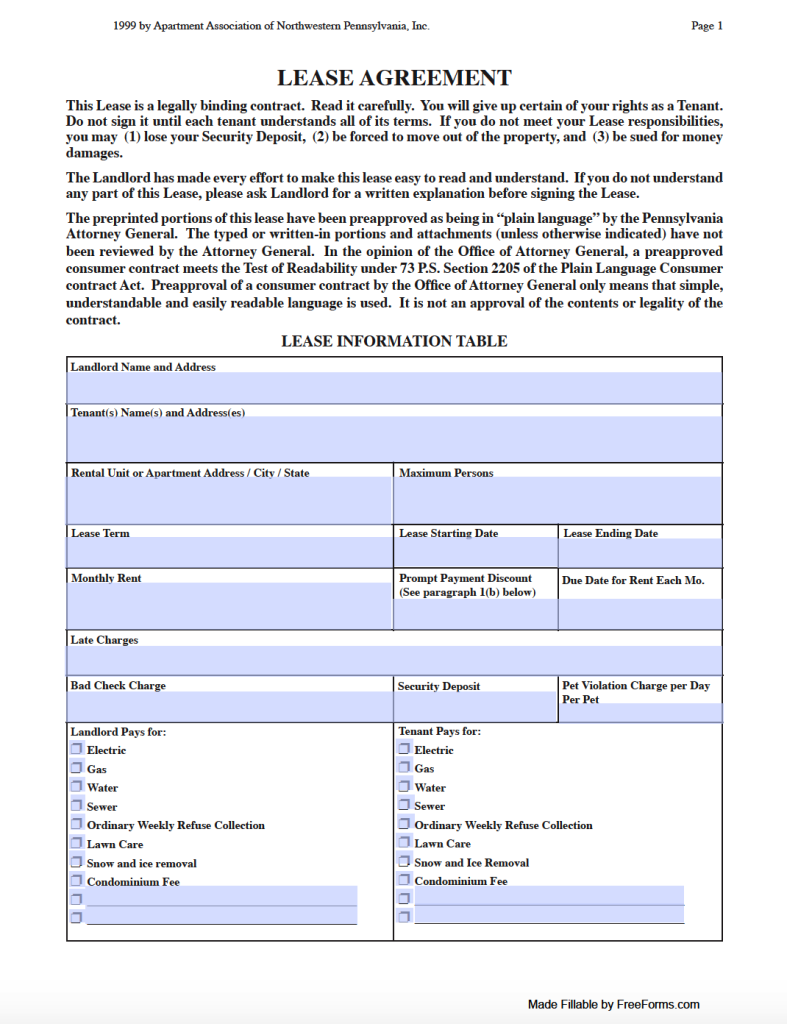 Free Pennsylvania Standard Residential Lease Agreement Template PDF 