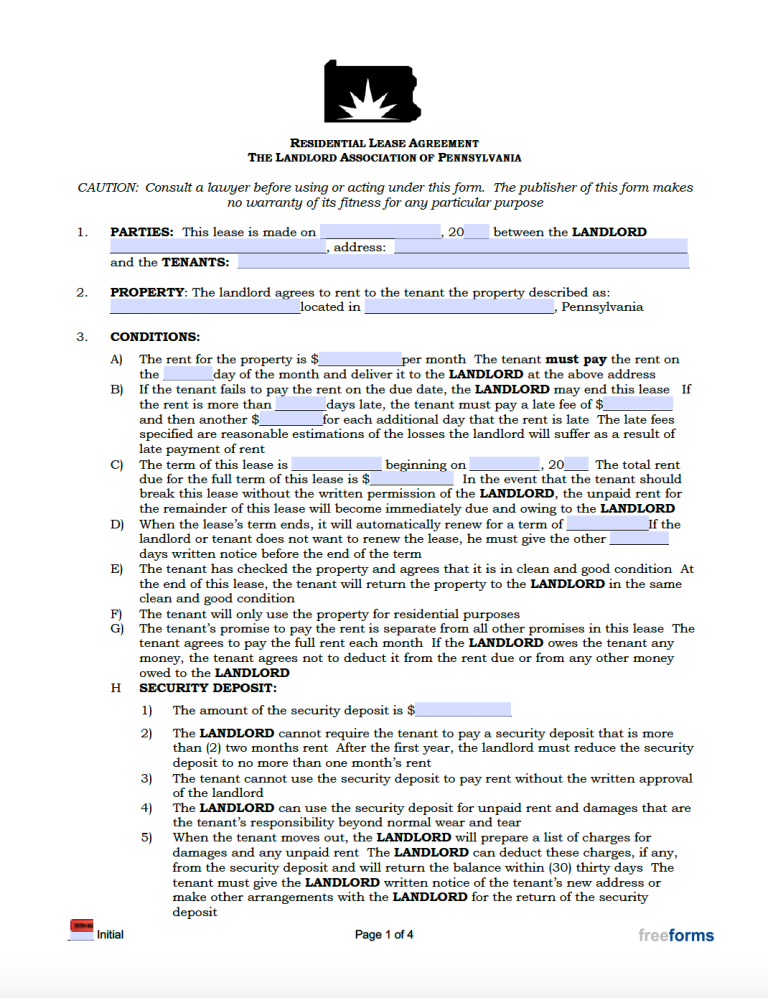 Free Pennsylvania Standard Residential Lease Agreement Template PDF 