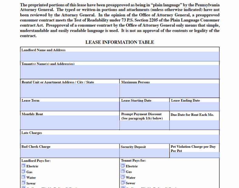 Free Pennsylvania Standard Residential Lease Agreement Template PDF