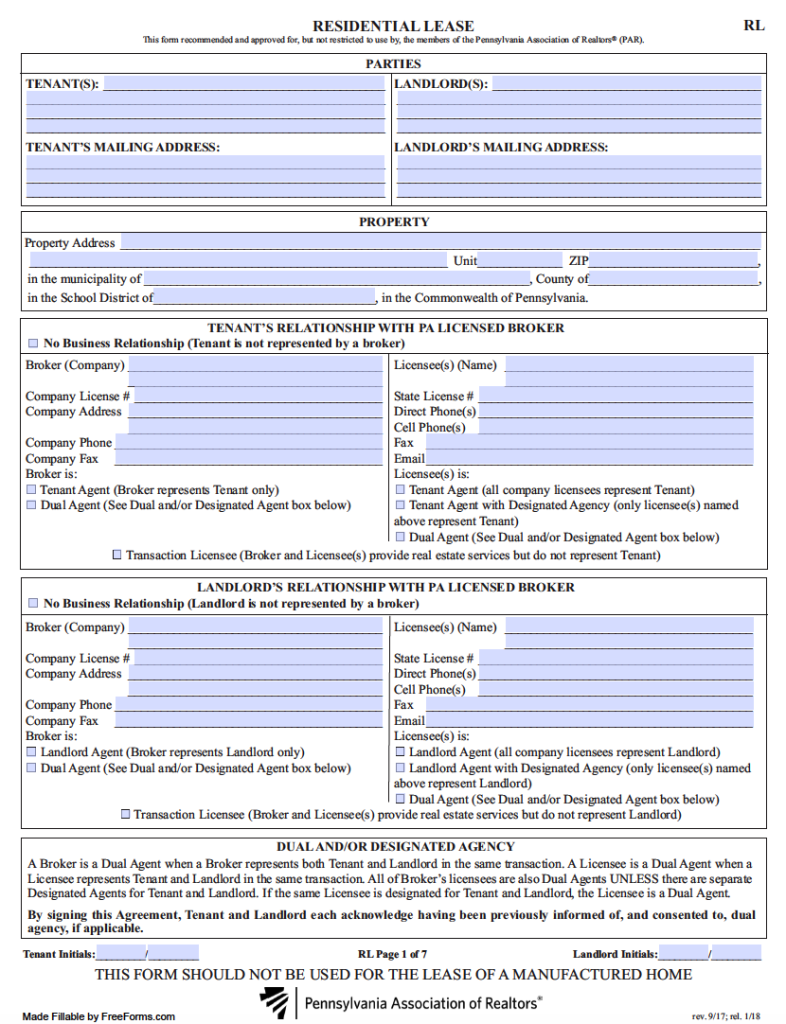 Free Pennsylvania Standard Residential Lease Agreement Template PDF 