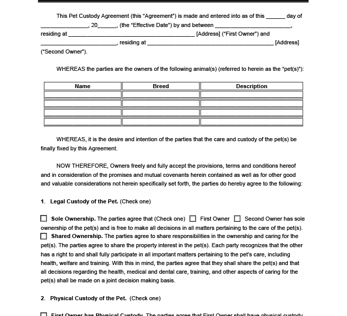 Free Pet Custody Agreement Template PDF Word