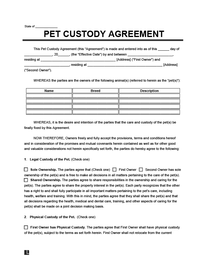 Free Pet Custody Agreement Template PDF Word