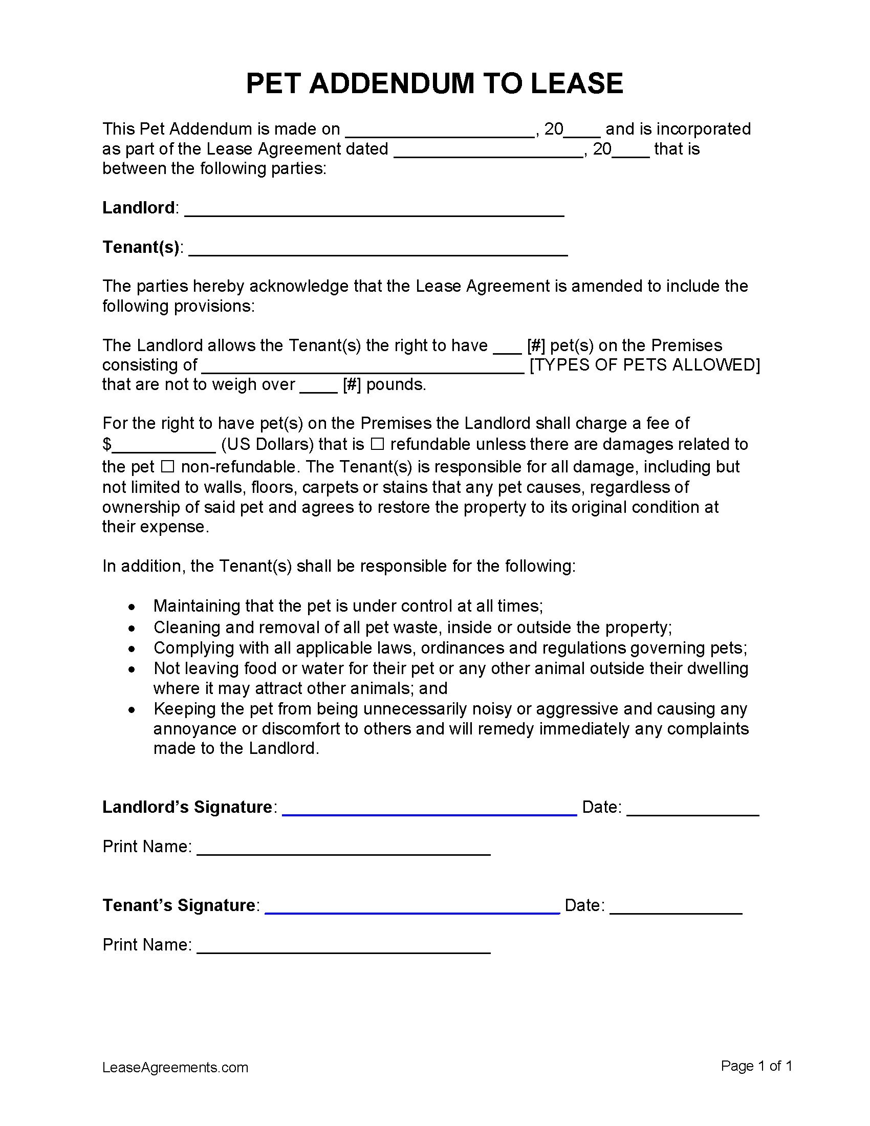 Free Pet Lease Addendum Template PDF WORD RTF