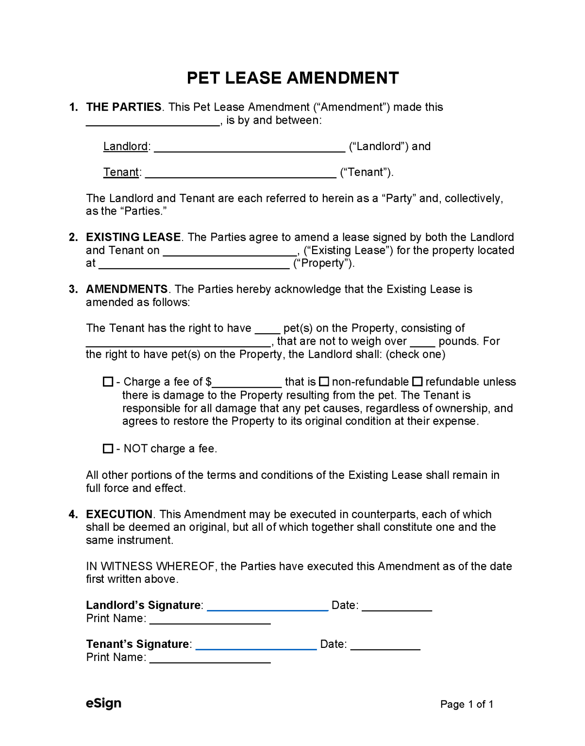 Free Pet Lease Amendment Form PDF Word