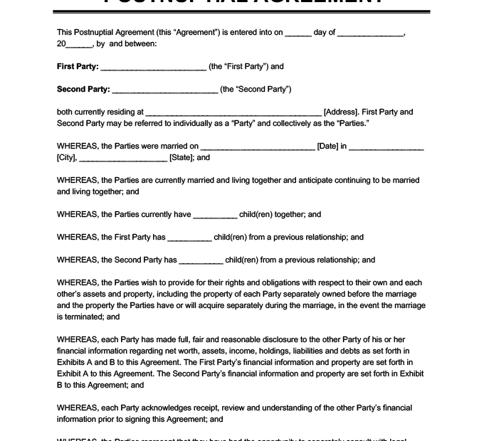 Free Postnuptial Agreement Templates PDF Word