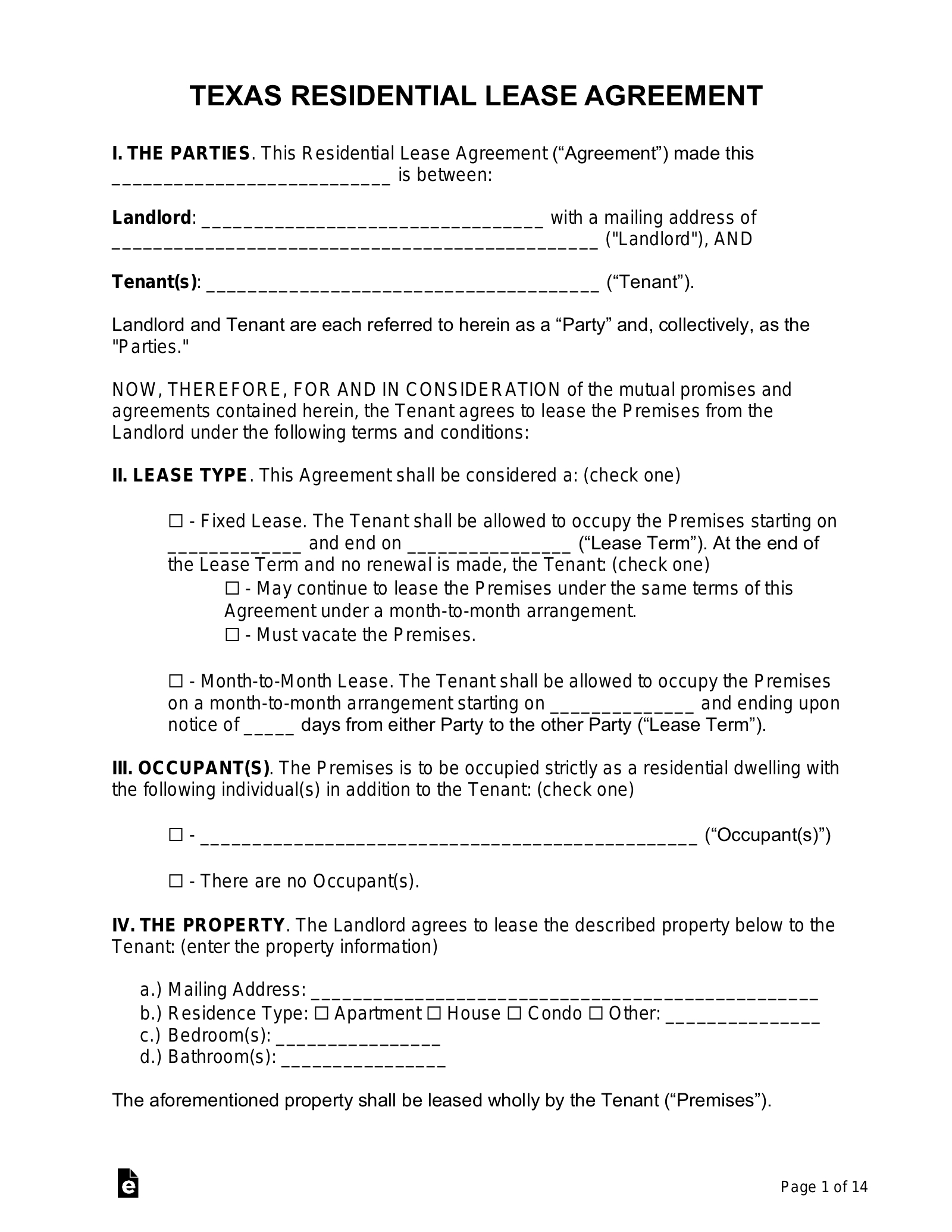 Free Printable Basic Rental Agreement For Texas