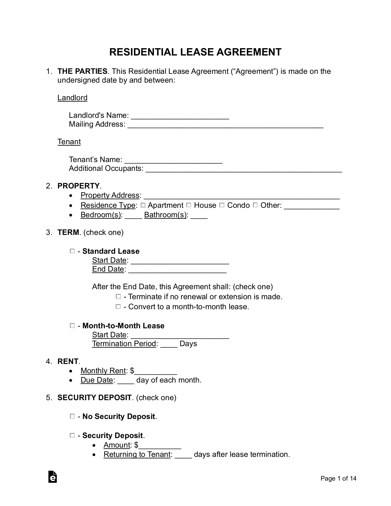 Free Printable Basic Rental Lease Agreement