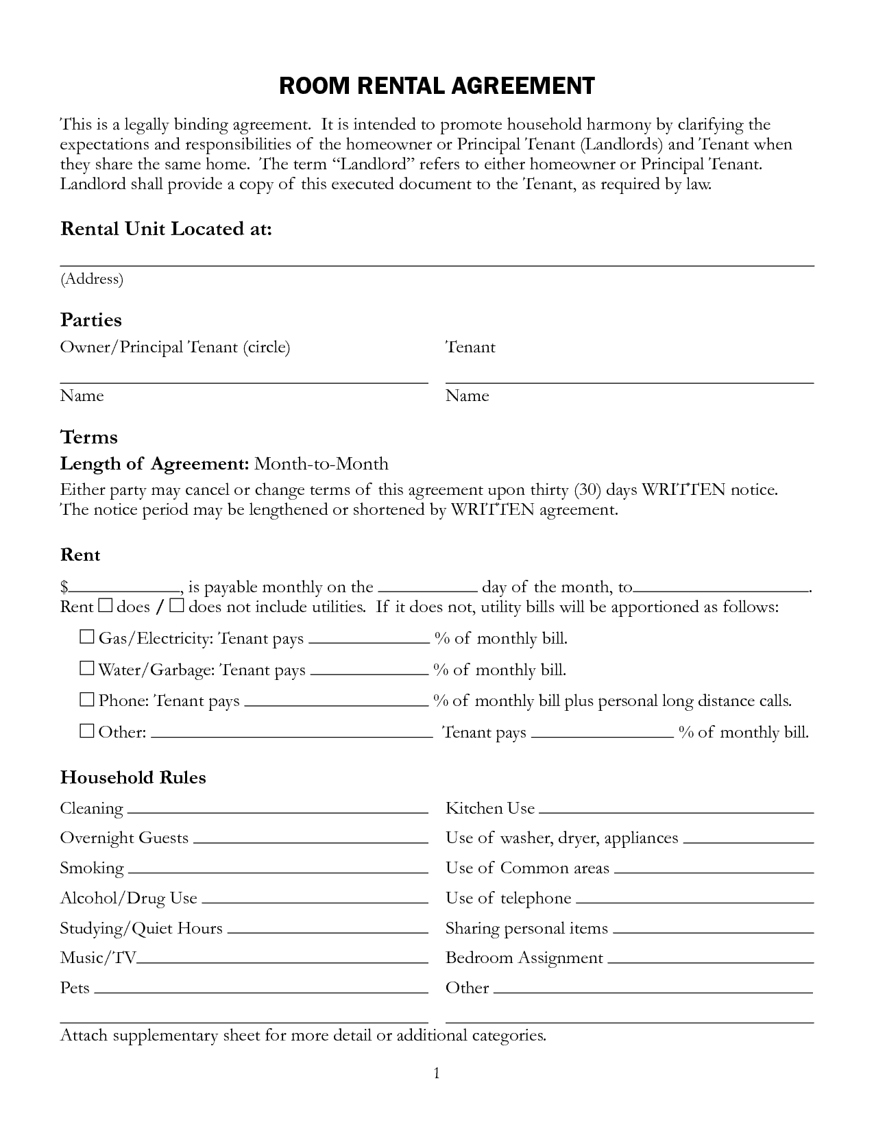 Free Printable Basic Room Rental Agreement