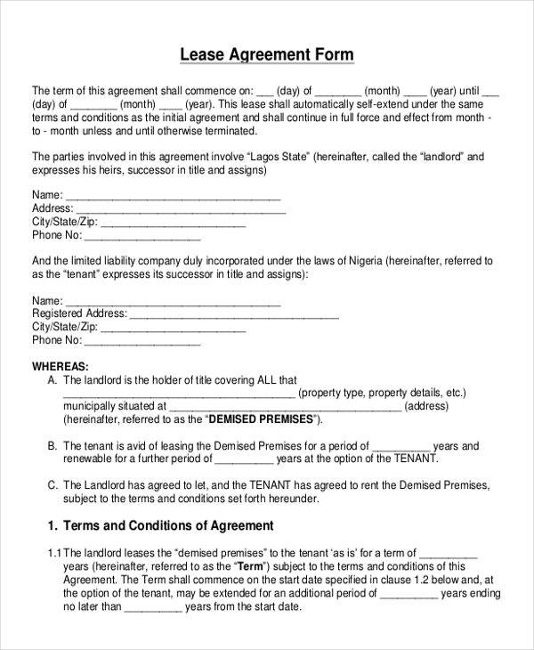 Free Printable Blank Rental Lease Agreement
