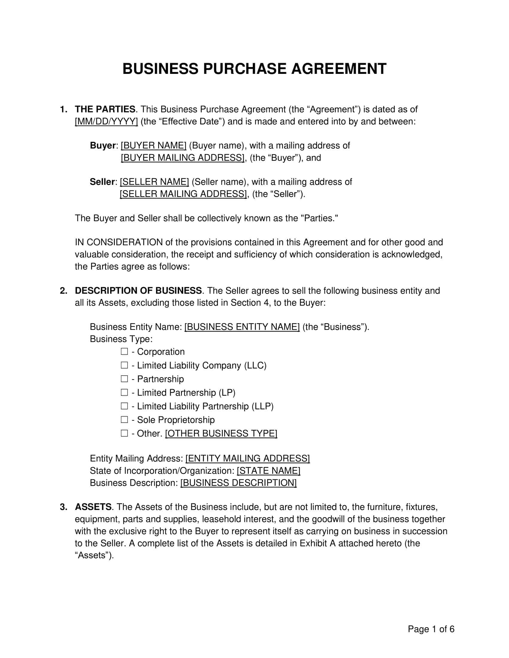 Free Printable Business Purchase Agreement Templates PDF Word 