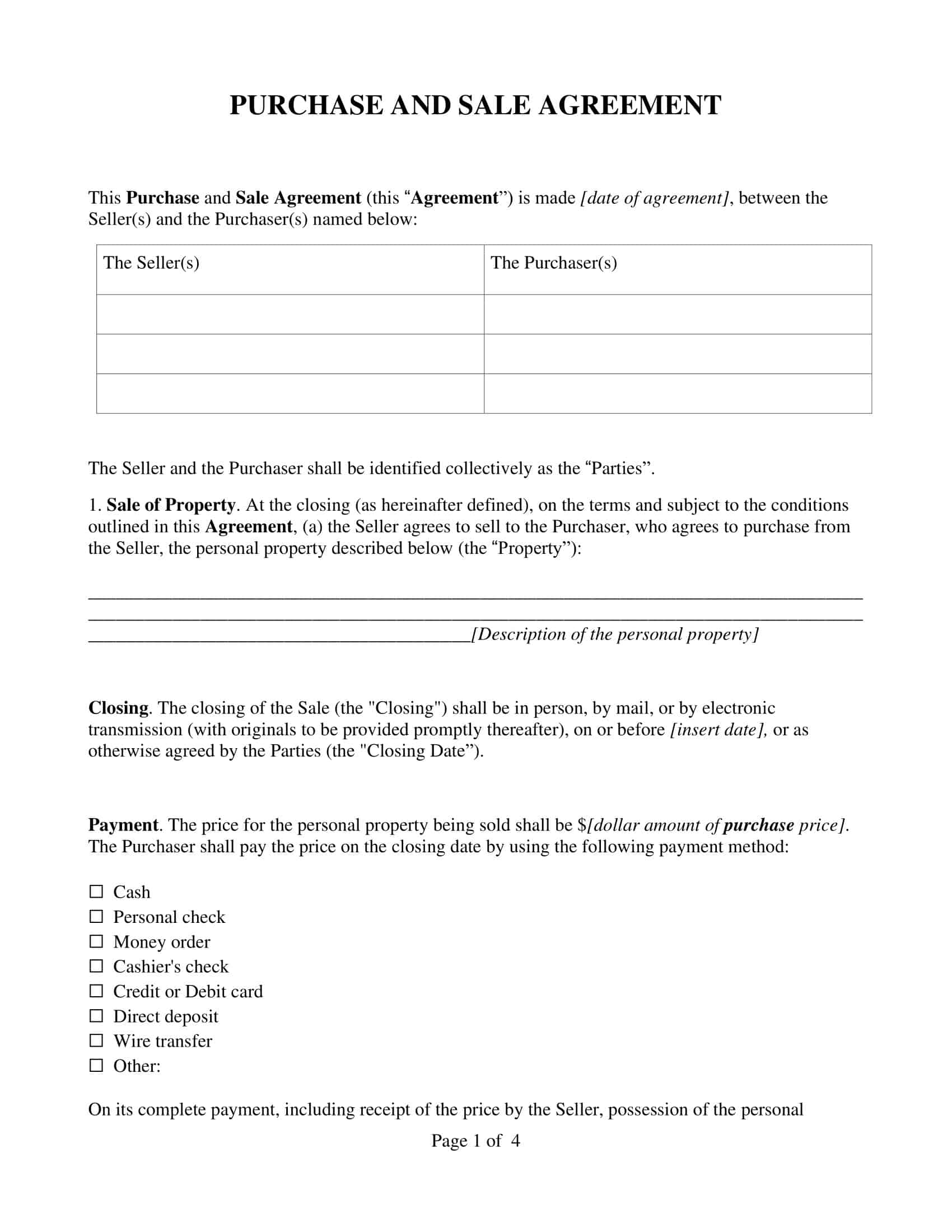 Free Printable Buy Sell Agreement Template Word PDF Simple