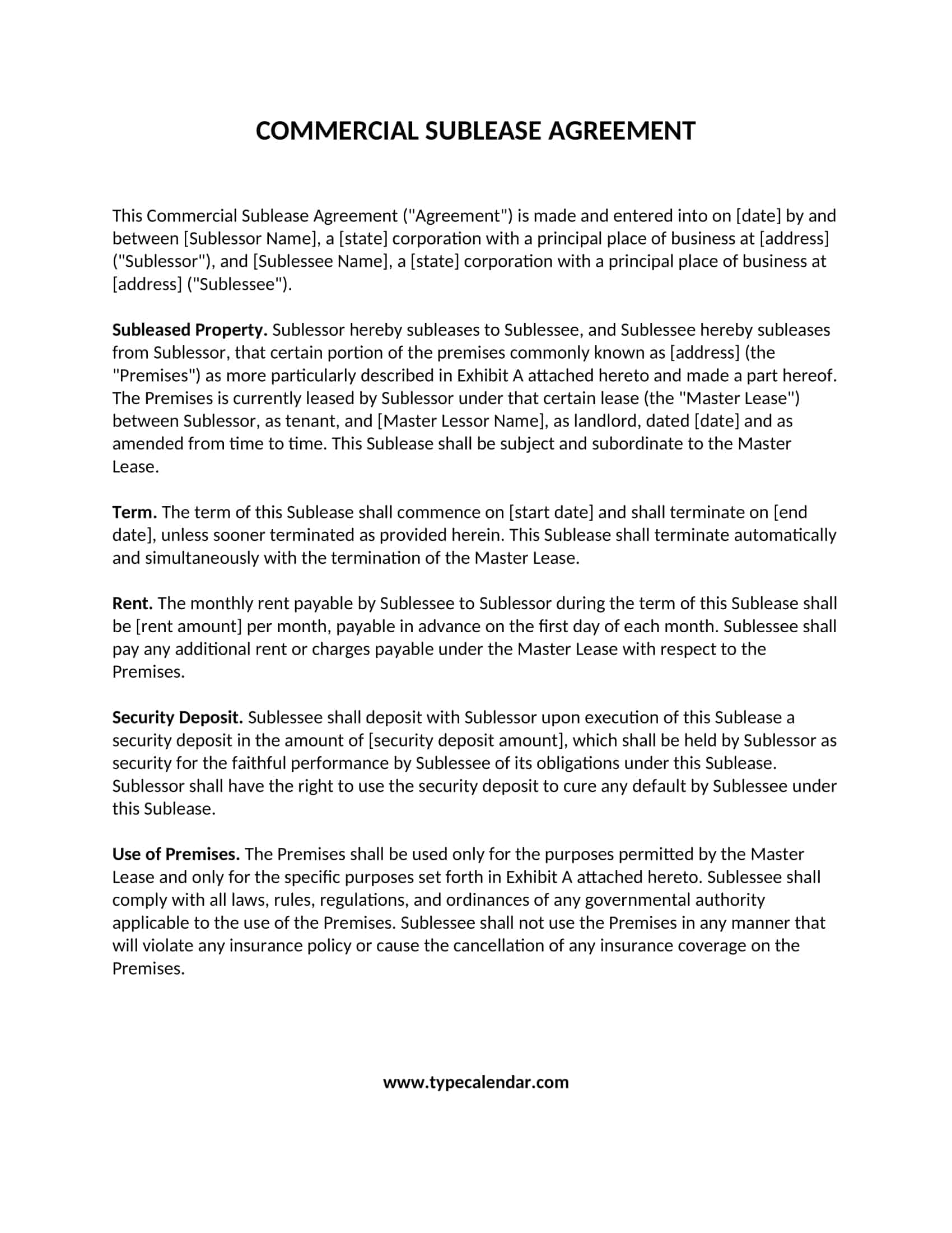 Free Printable Commercial Sublease Agreement Templates PDF Word 