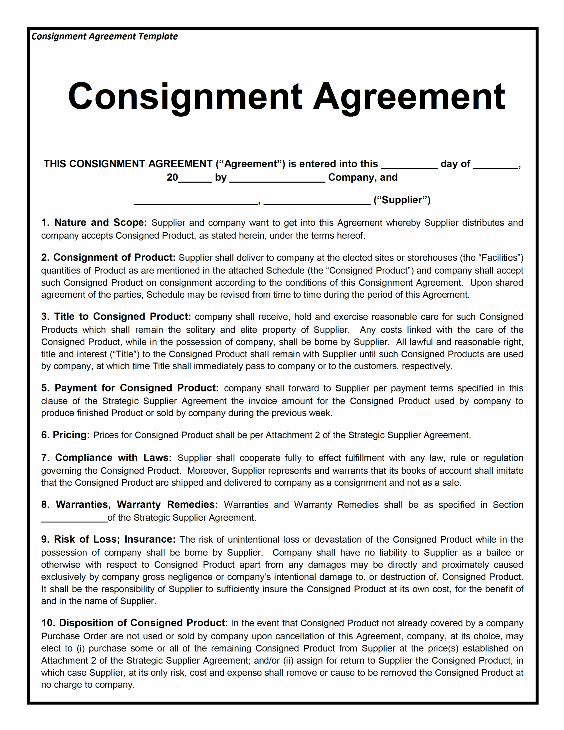 Free Printable Consignment Agreement Form