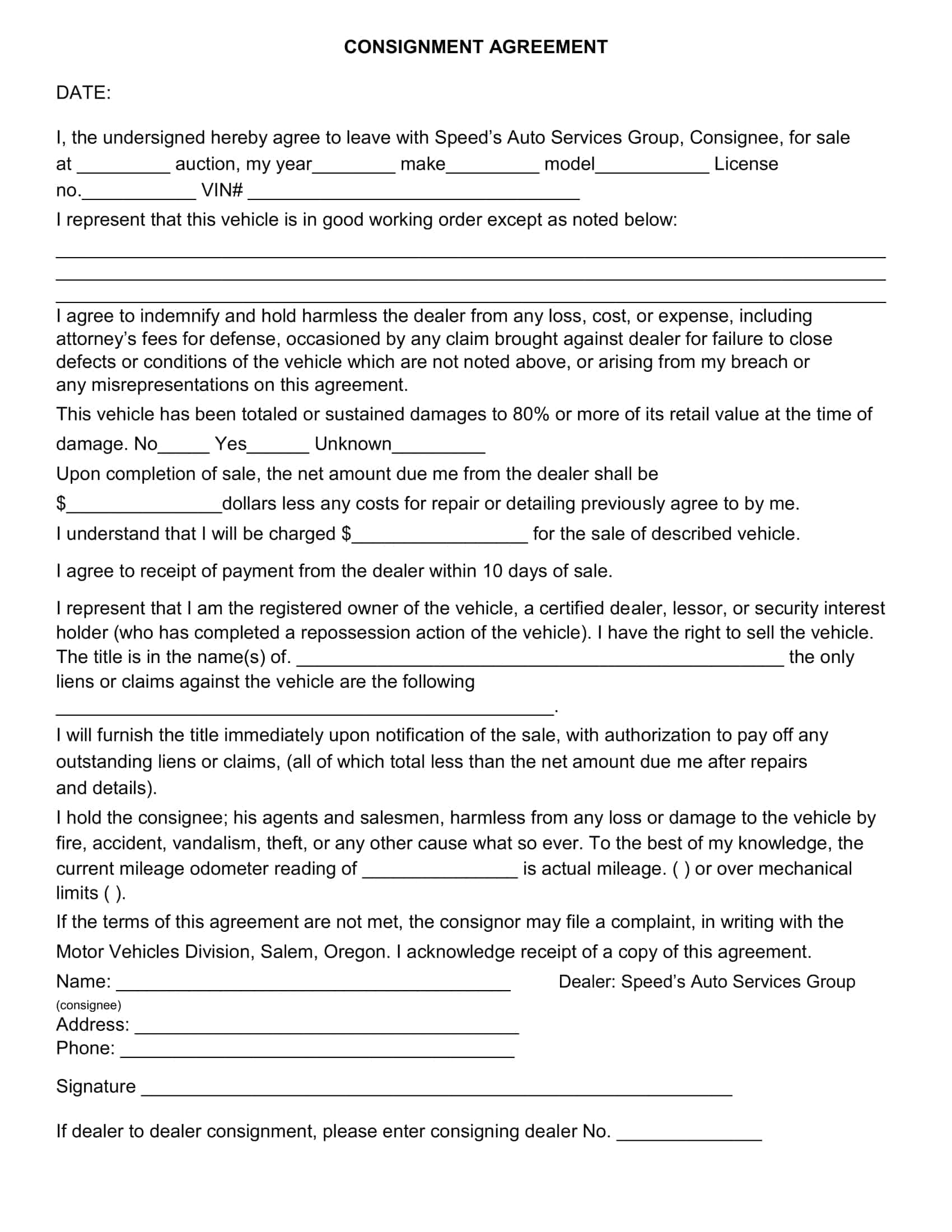 Free Printable Consignment Agreement Templates Word PDF 