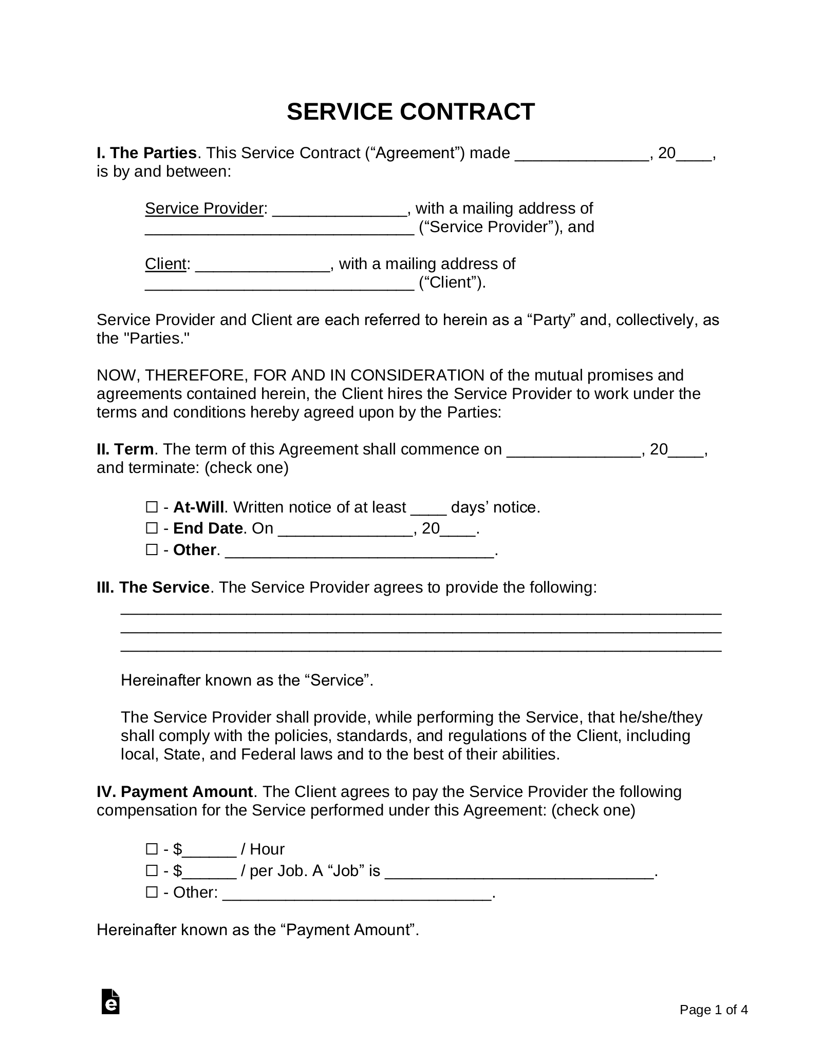 Free Printable Contractor Service Agreement Form Printable Forms Free 