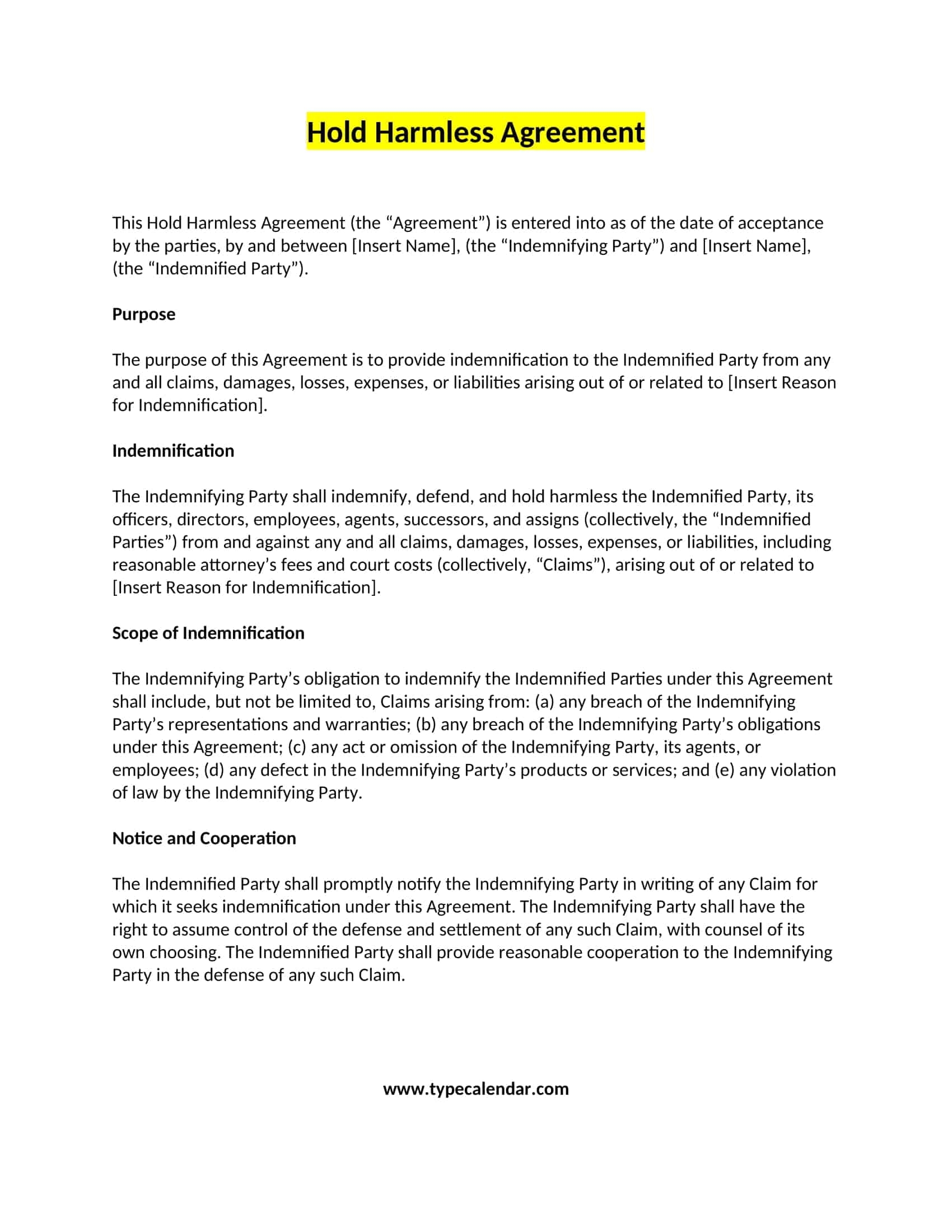Free Printable Hold Harmless Agreement Templates PDF Word Real Estate