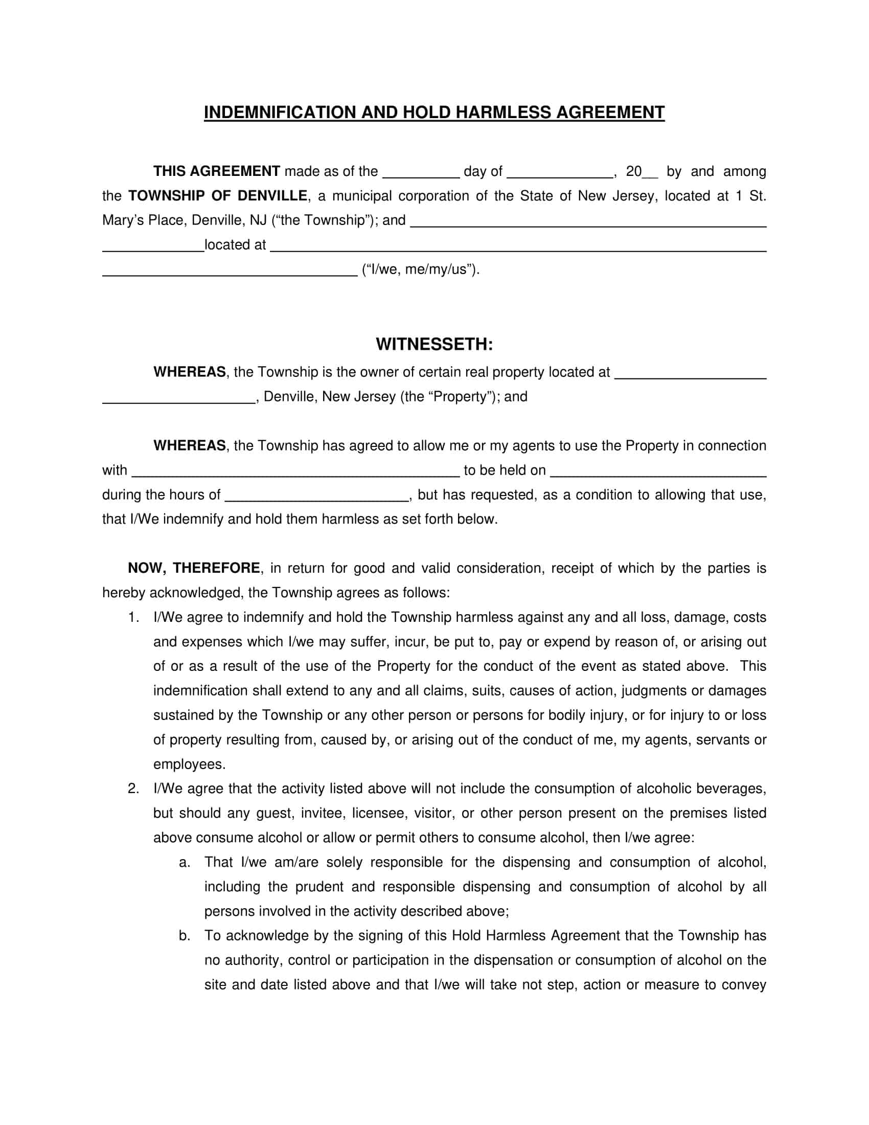 Free Printable Hold Harmless Agreement Templates PDF Word Real Estate