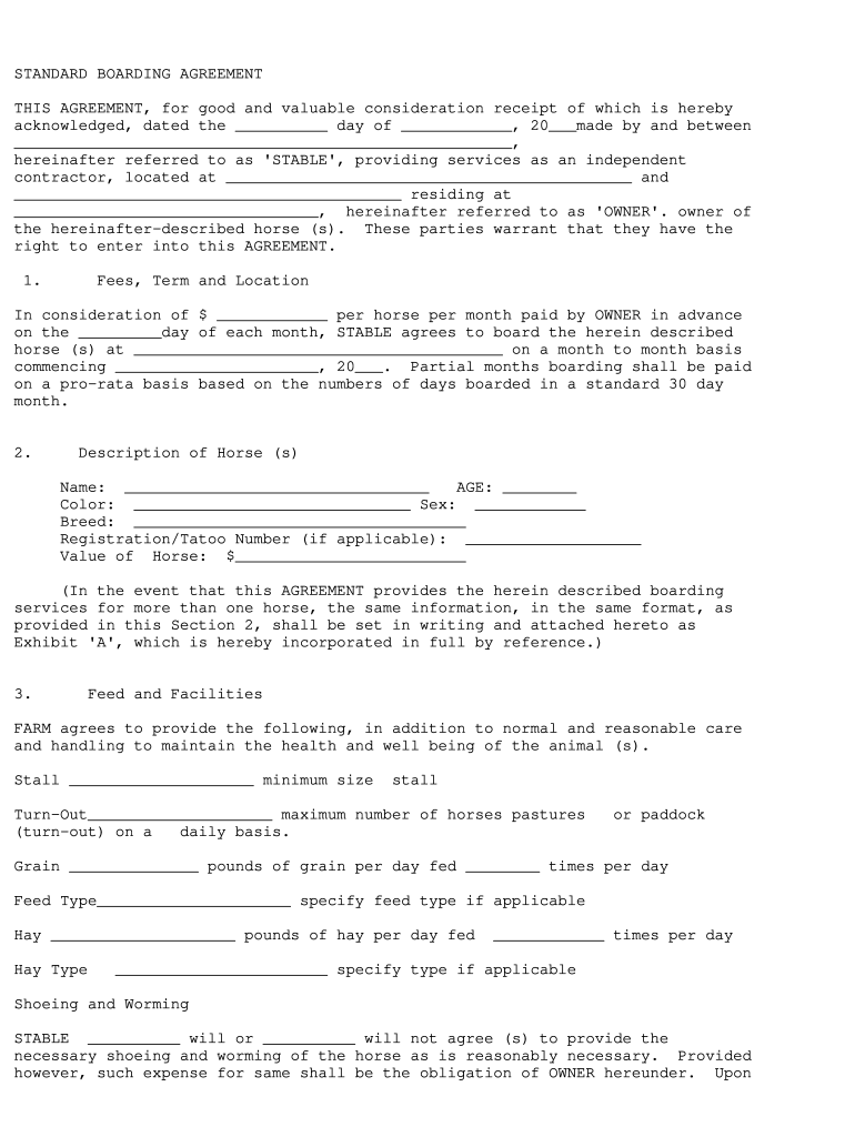 Free Printable Horse Boarding Contract