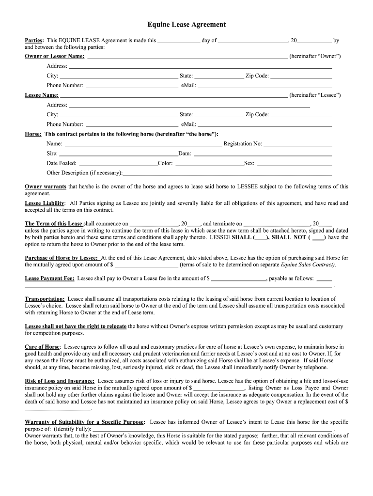 Free Printable Horse Lease Agreement Printable Templates
