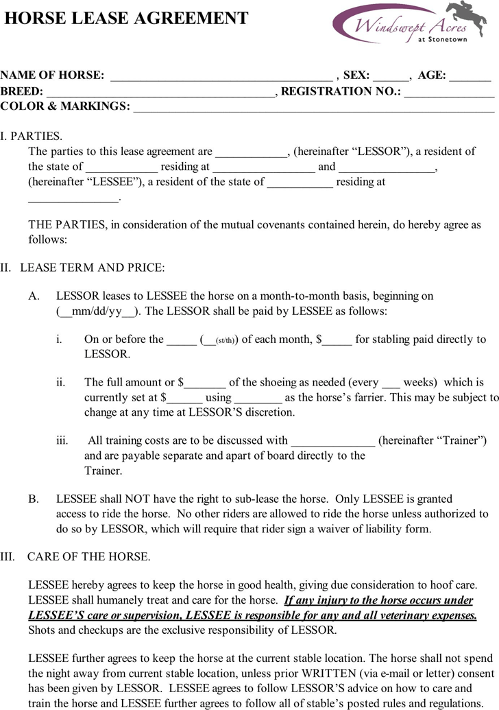 Free Printable Horse Lease Agreement Printable Templates