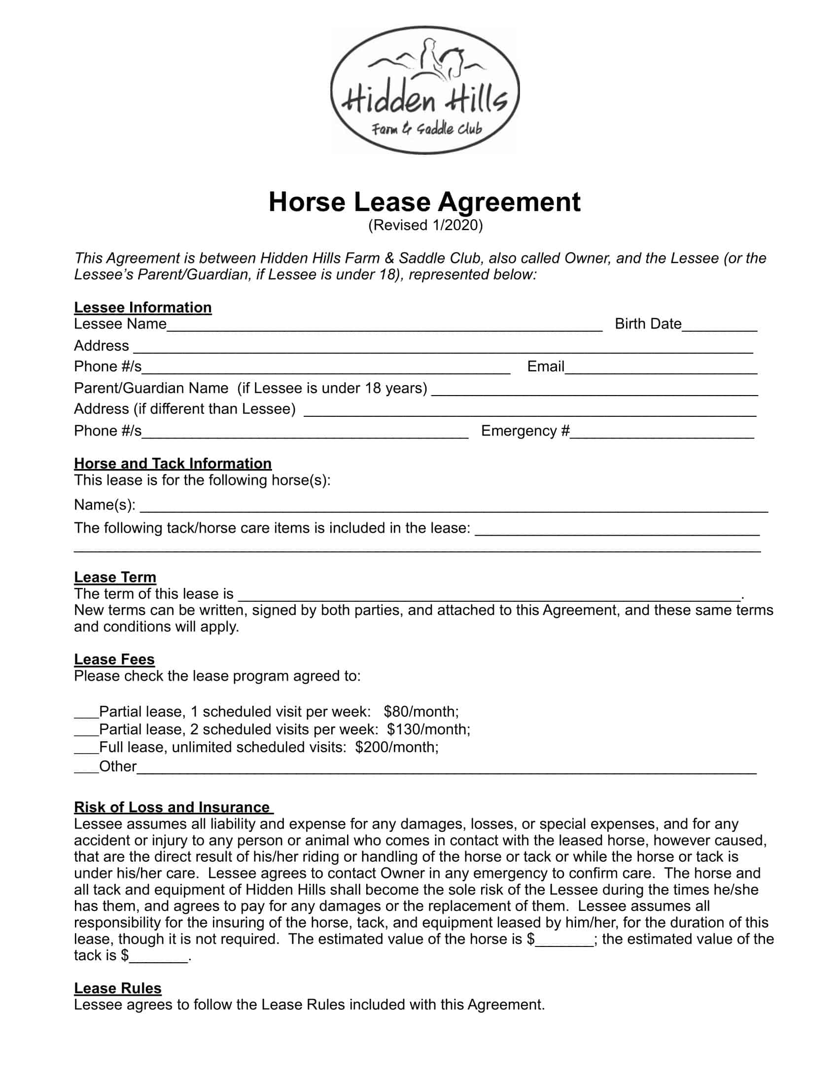 Free Printable Horse Lease Agreement Templates Word Simple