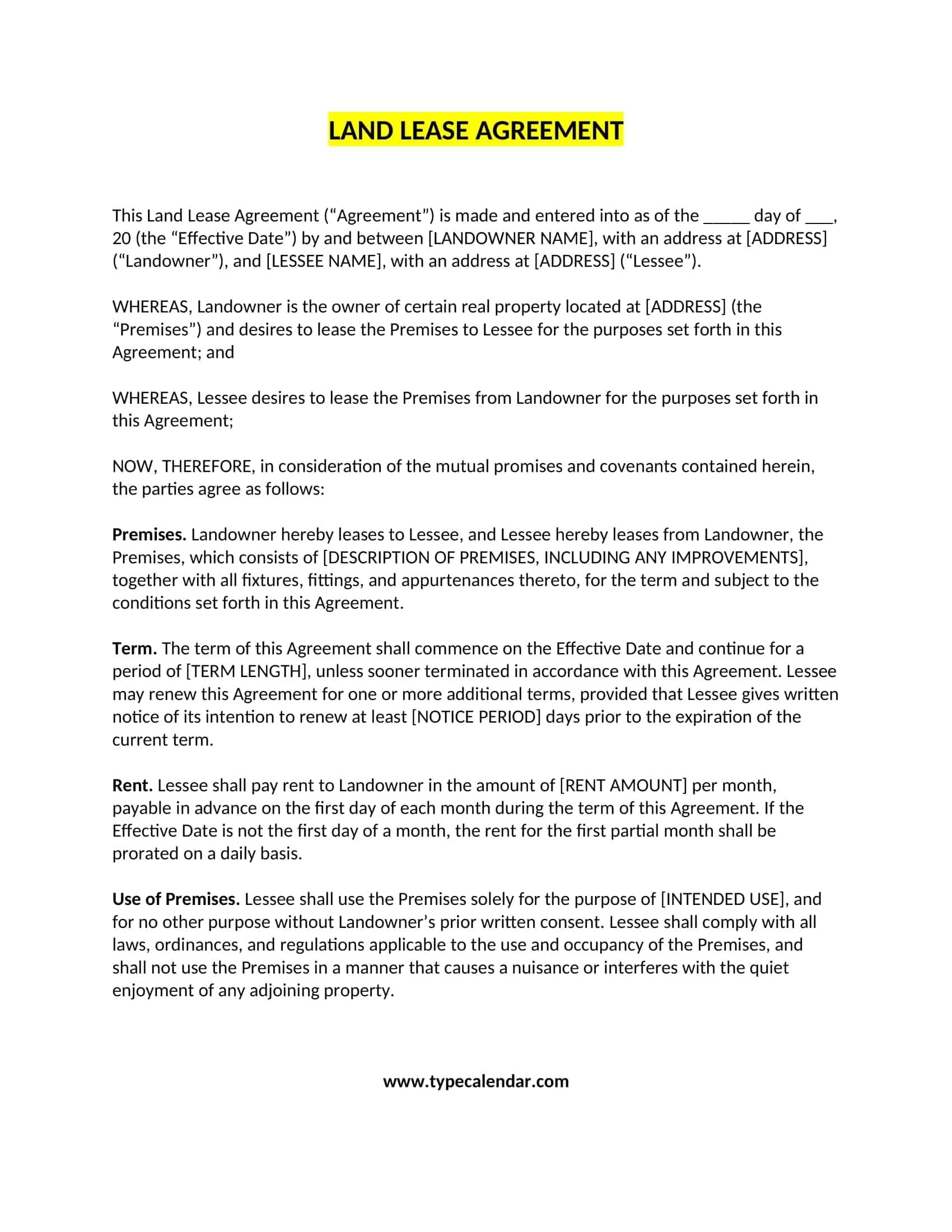 Free Printable Land Lease Agreement Templates Word PDF Sample