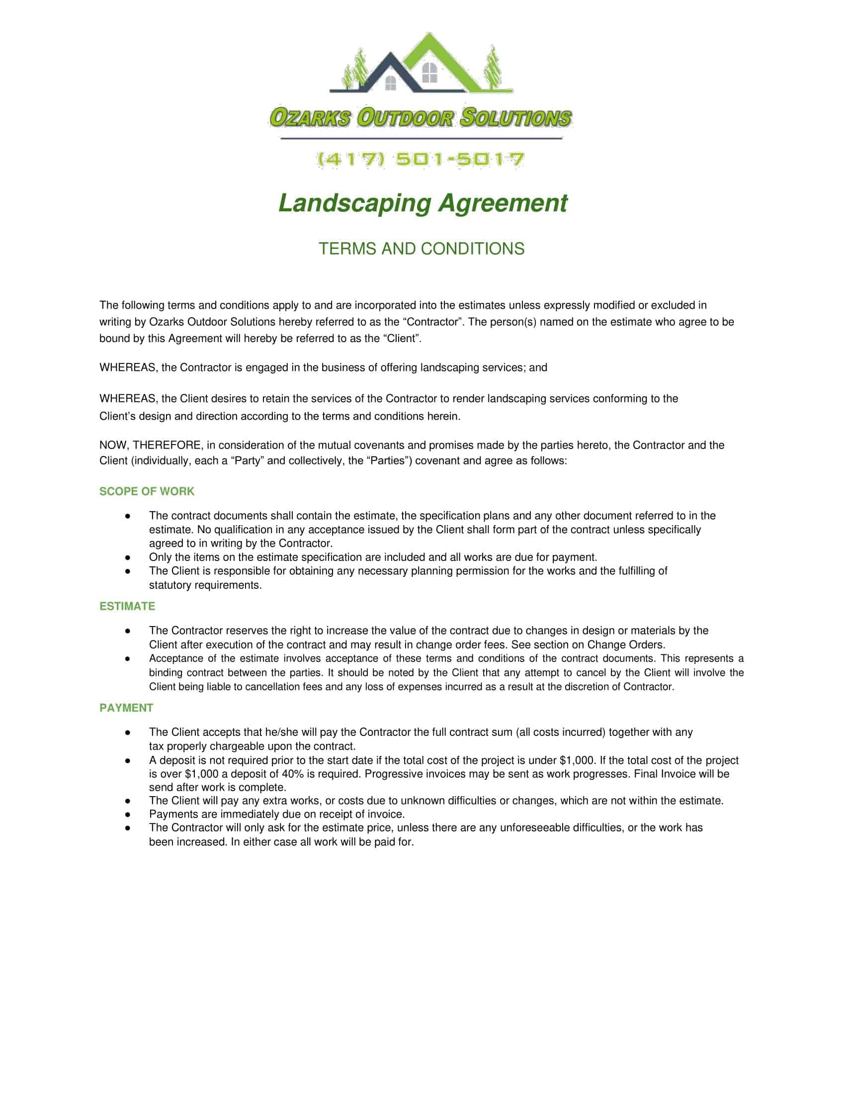 Free Printable Landscaping Contract Templates PDF Word Excel 