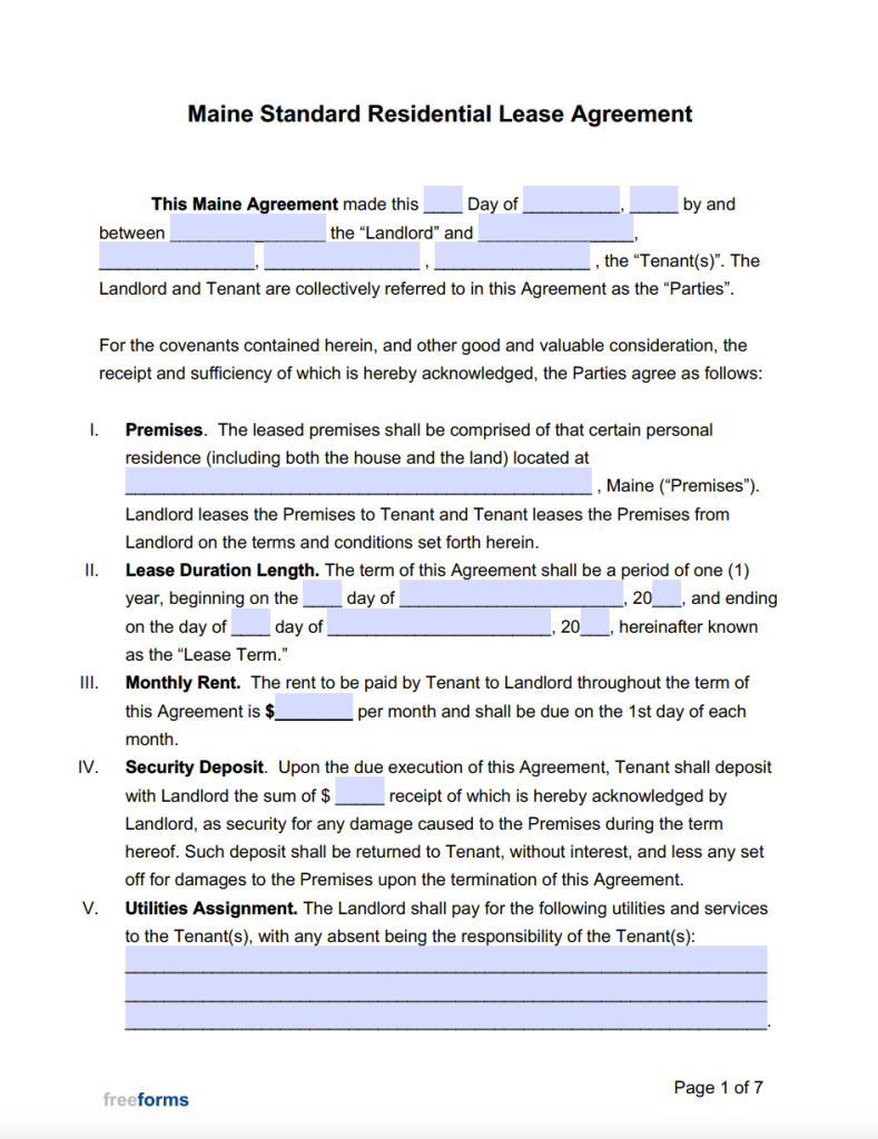 Free Printable Lease Agreement Maine