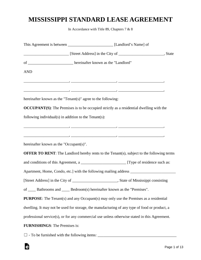 Free Printable Lease Agreement Mississippi