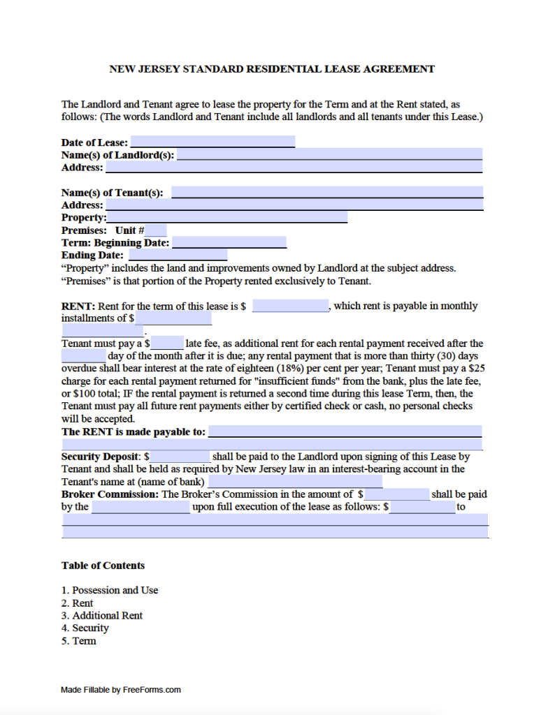 Free Printable Lease Agreement Nj