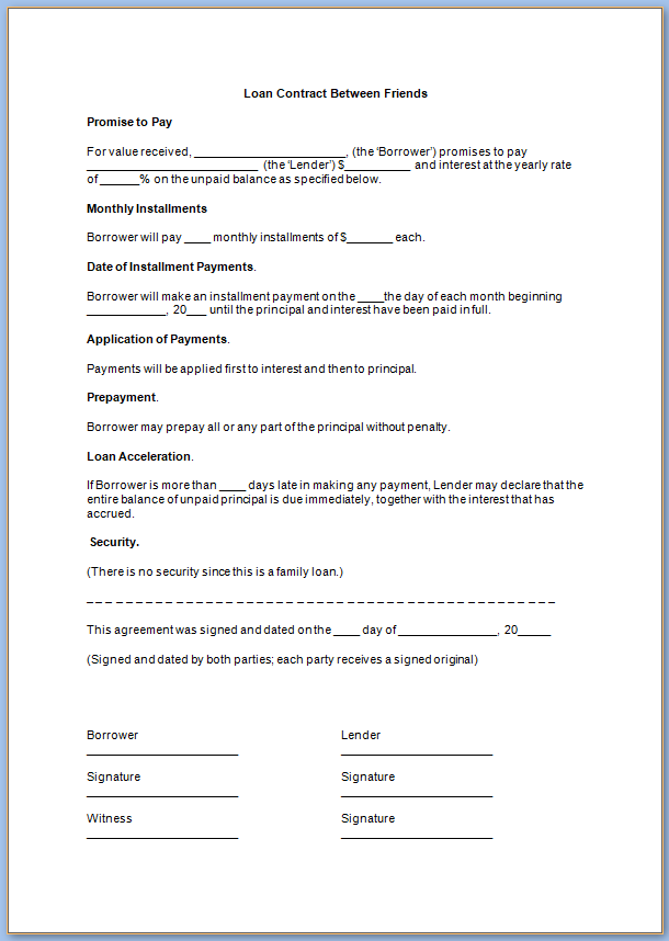 Free Printable Loan Contract Between Friends Agreement With Friends Sample