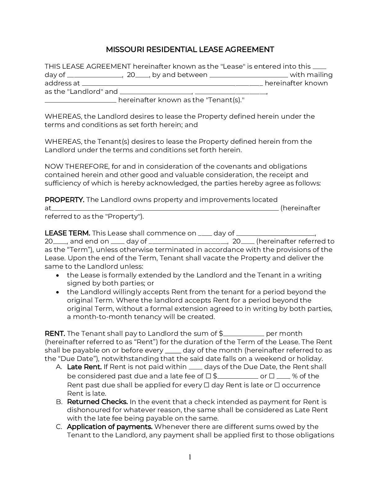Free Printable Missouri Lease Agreement