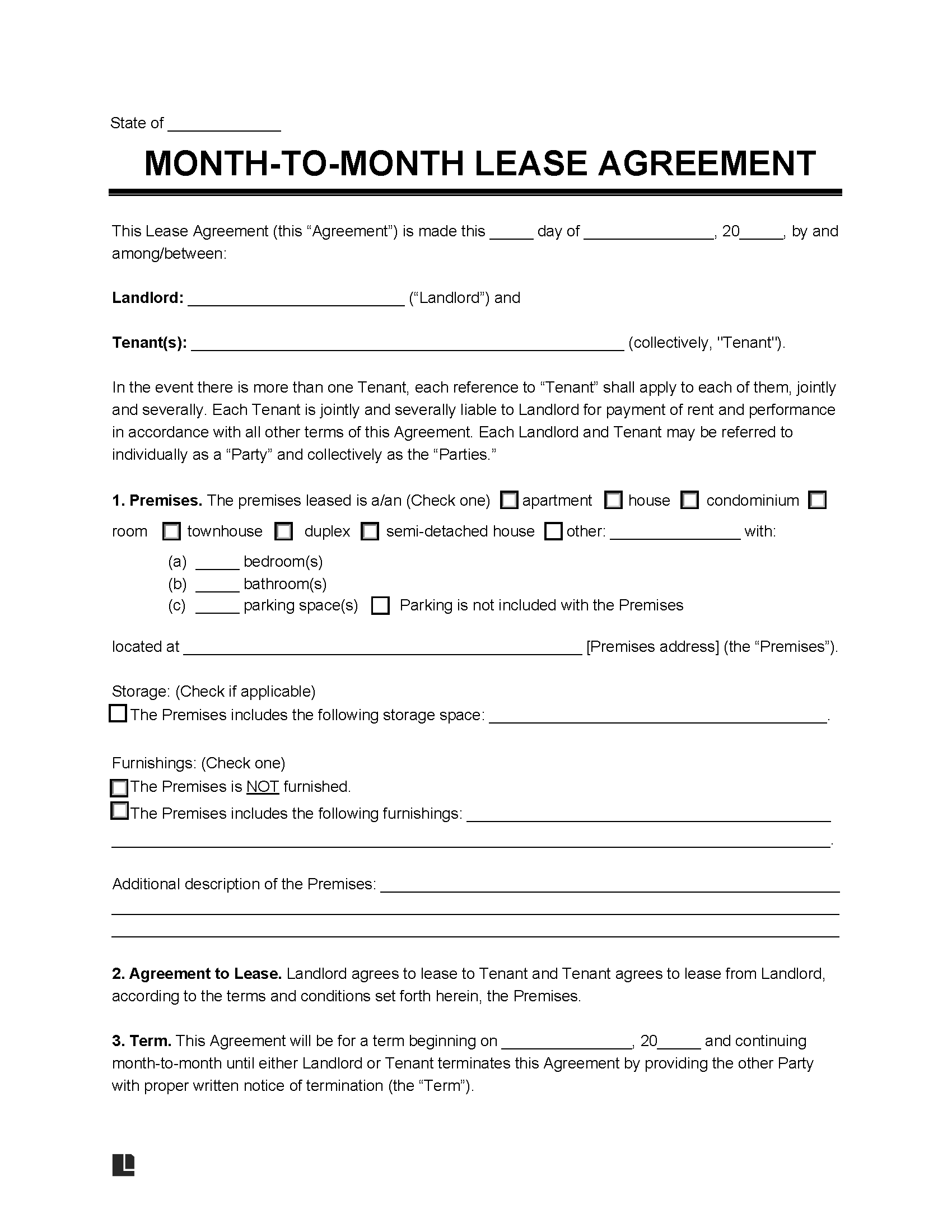 Free Printable Month To Month Rental Agreement Pdf