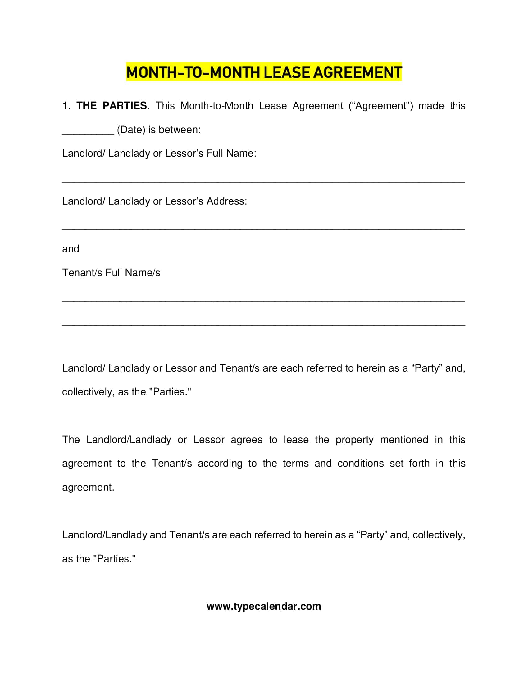 Free Printable Month to Month Rental Agreement Templates PDF 