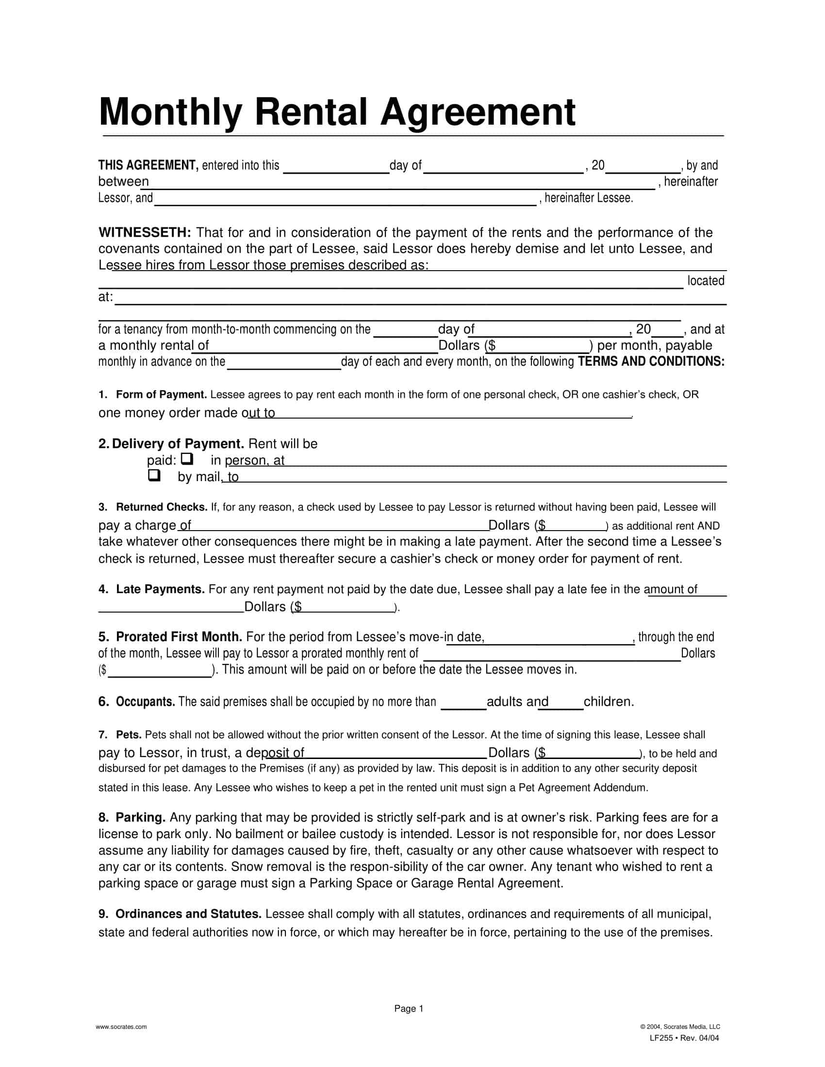 Free Printable Month to Month Rental Agreement Templates PDF 
