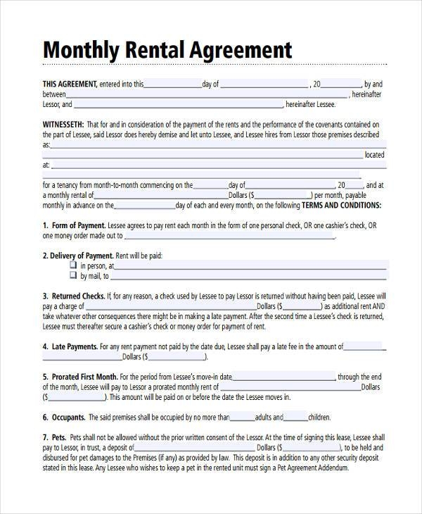 Free Printable Monthly Rental Agreement