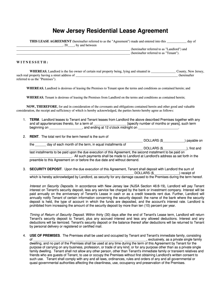 FREE Printable NJ Residential Lease Agreement Printable Lease Agreement