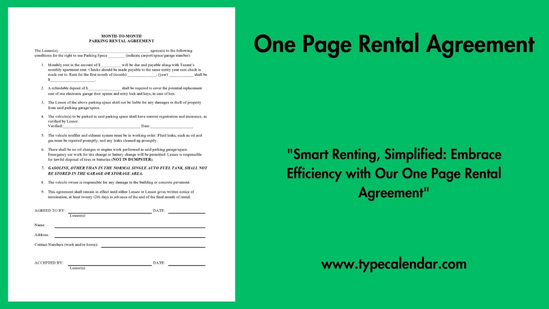 Free Printable One Page Rental Agreement Templates PDF Word Sample