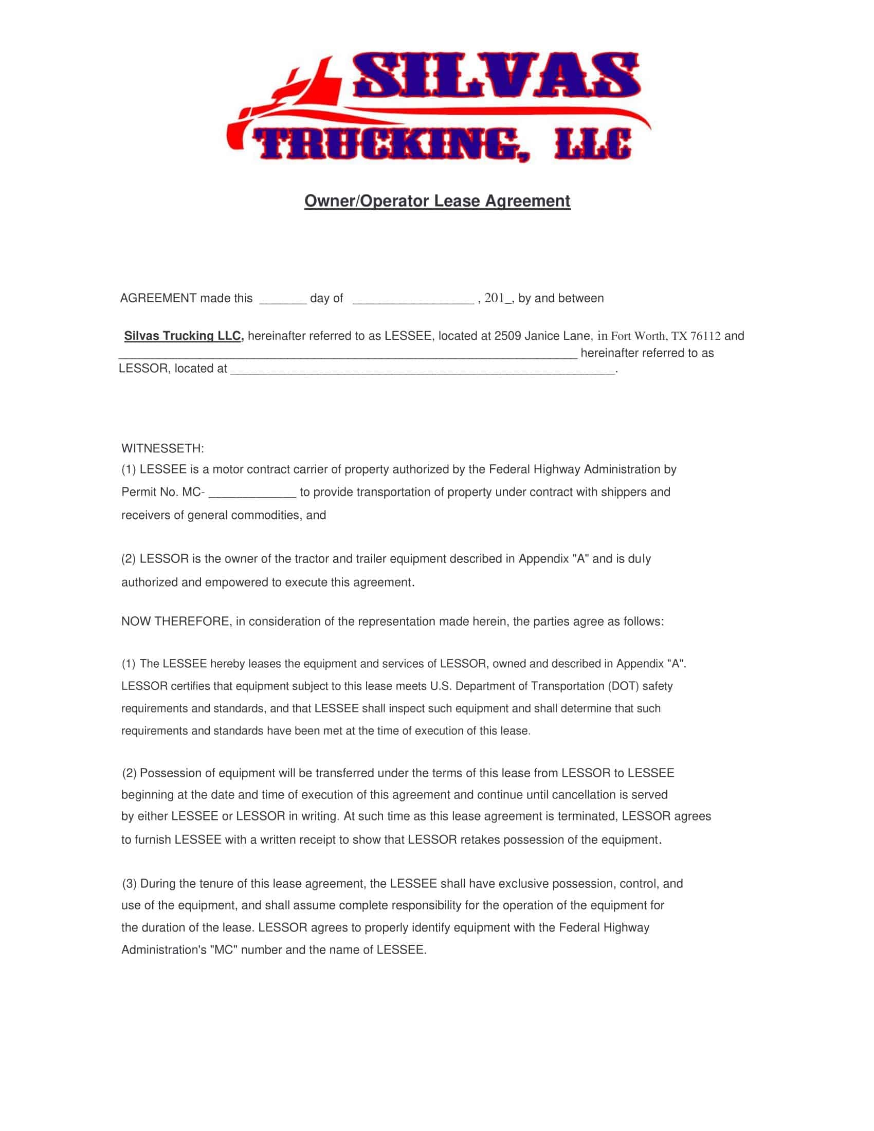Free Printable Owner Operator Lease Agreement Template Word PDF Forms