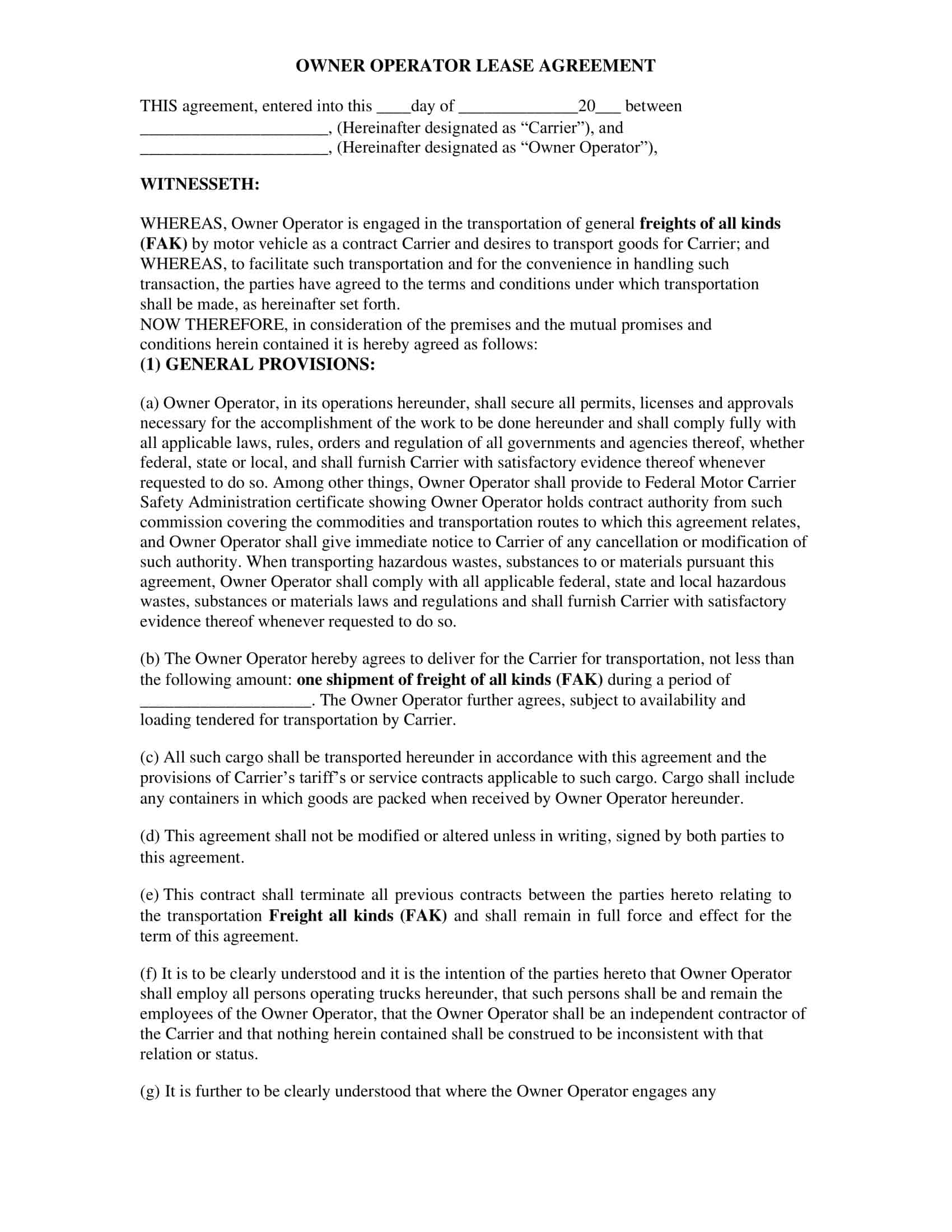 Free Printable Owner Operator Lease Agreement Template Word PDF Forms