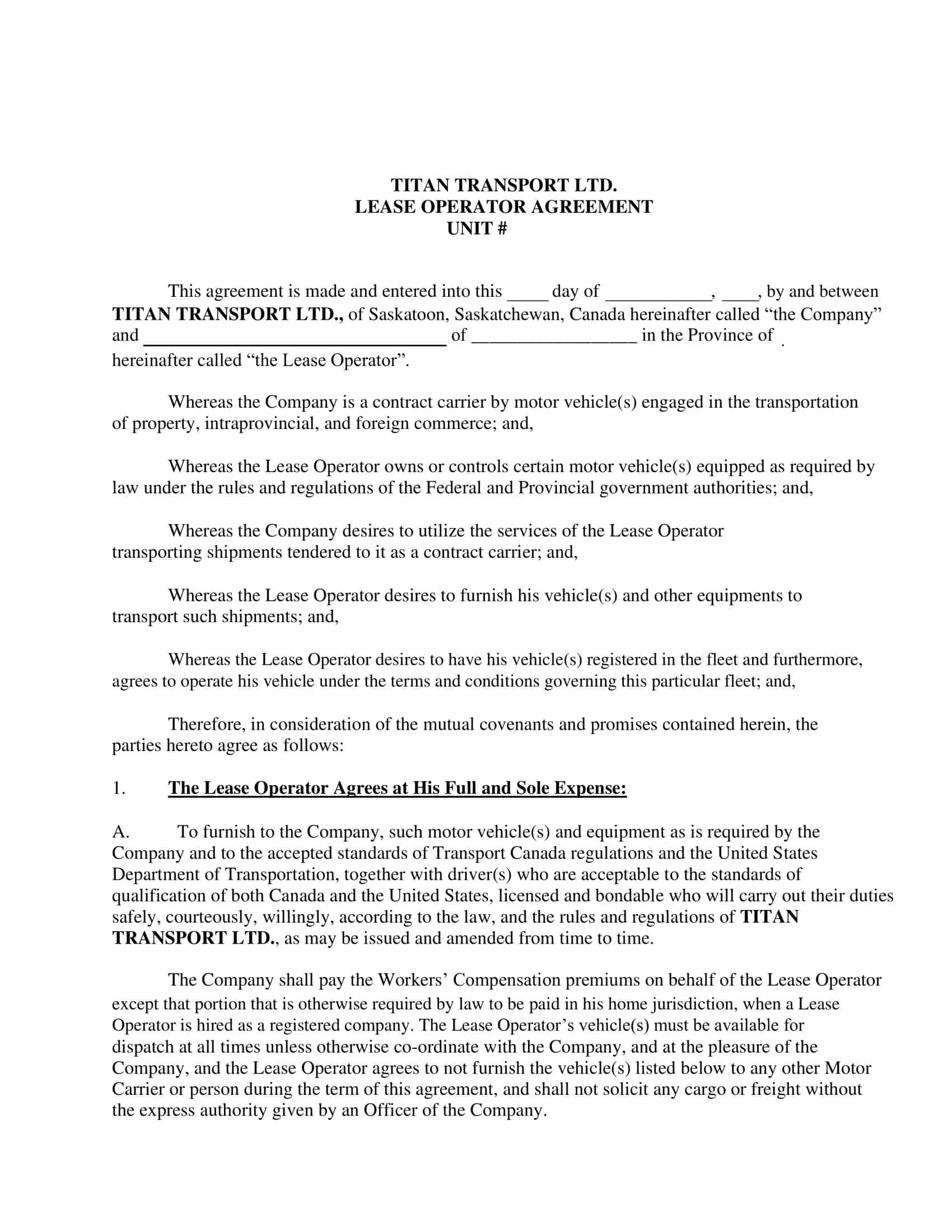Free Printable Owner Operator Lease Agreement Template Word PDF Forms