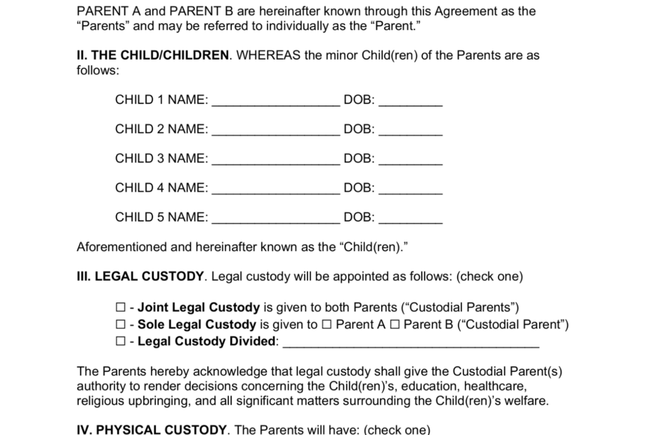 Free Printable Parenting Agreement Template Printable Forms Free Online