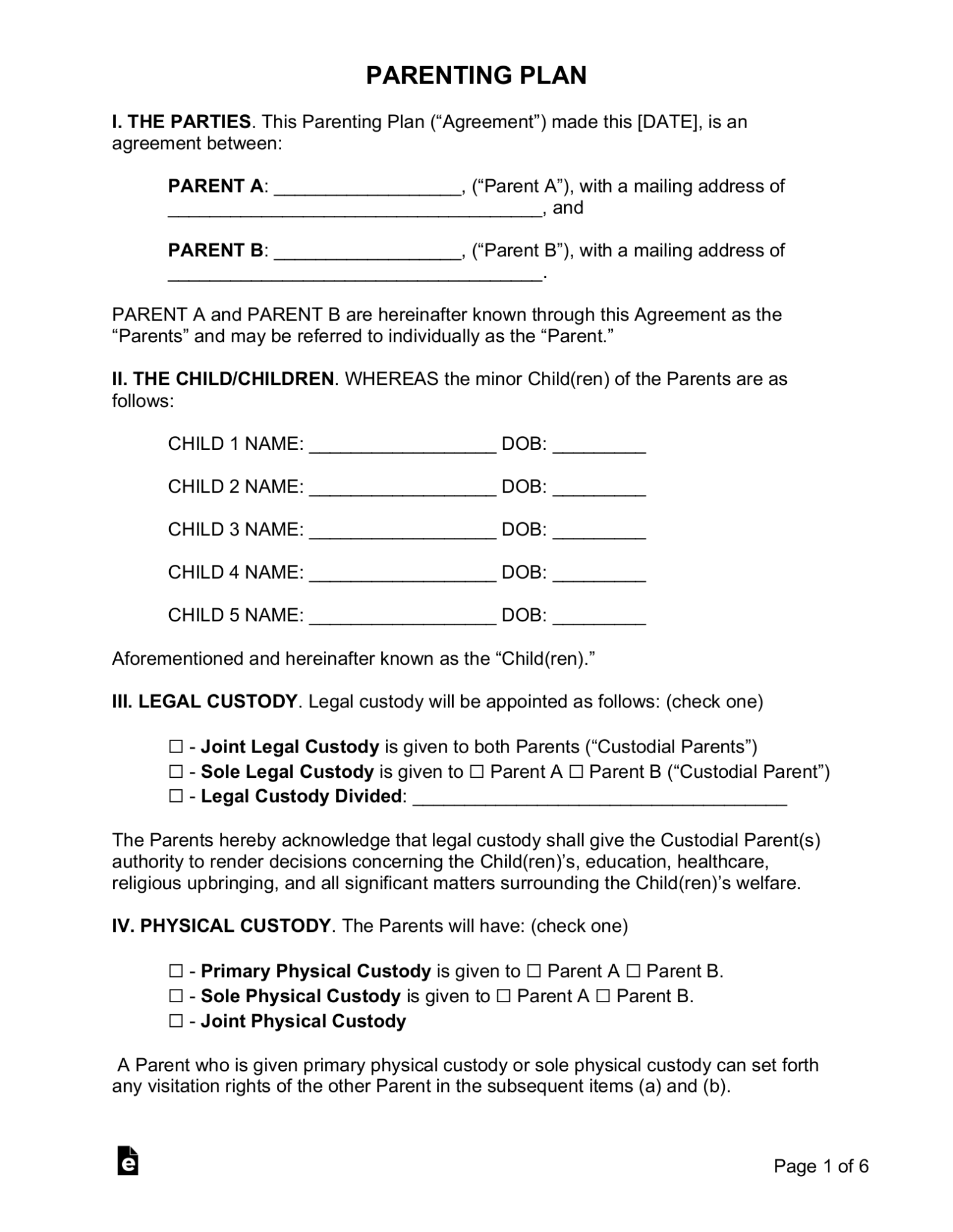 Free Printable Parenting Agreement Template Printable Forms Free Online