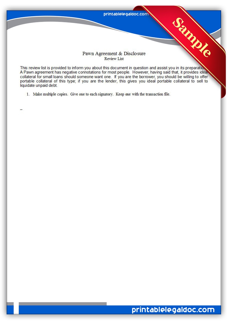 Free Printable Pawn Agreement Disclosure Form GENERIC 