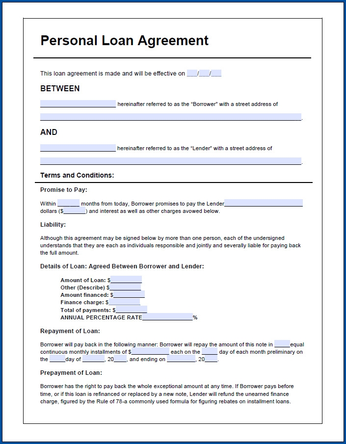 Free Printable Personal Loan Agreement Template Zitemplate With Blank 