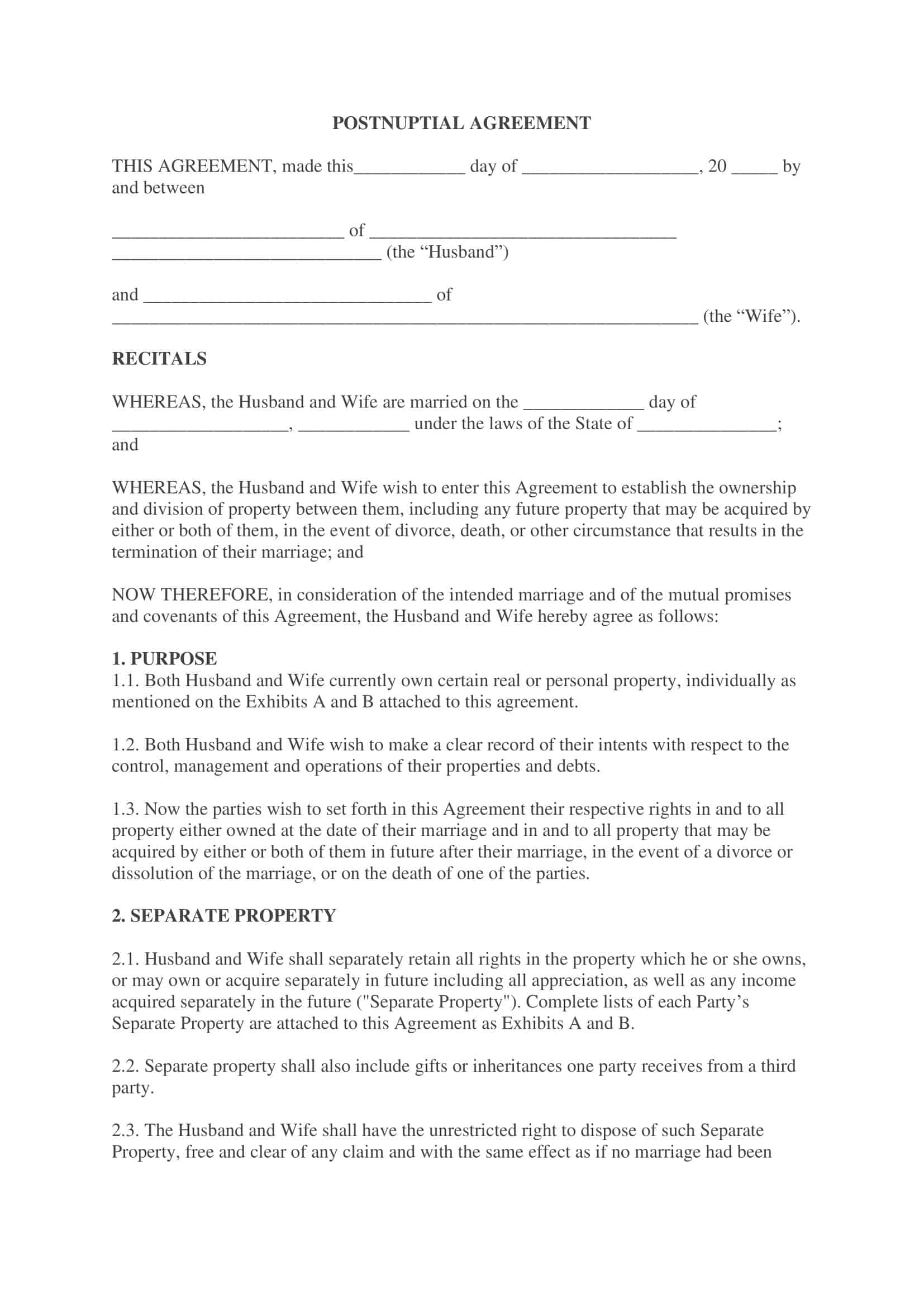 Free Printable Postnuptial Agreement Template Protect Your Assets PDF 