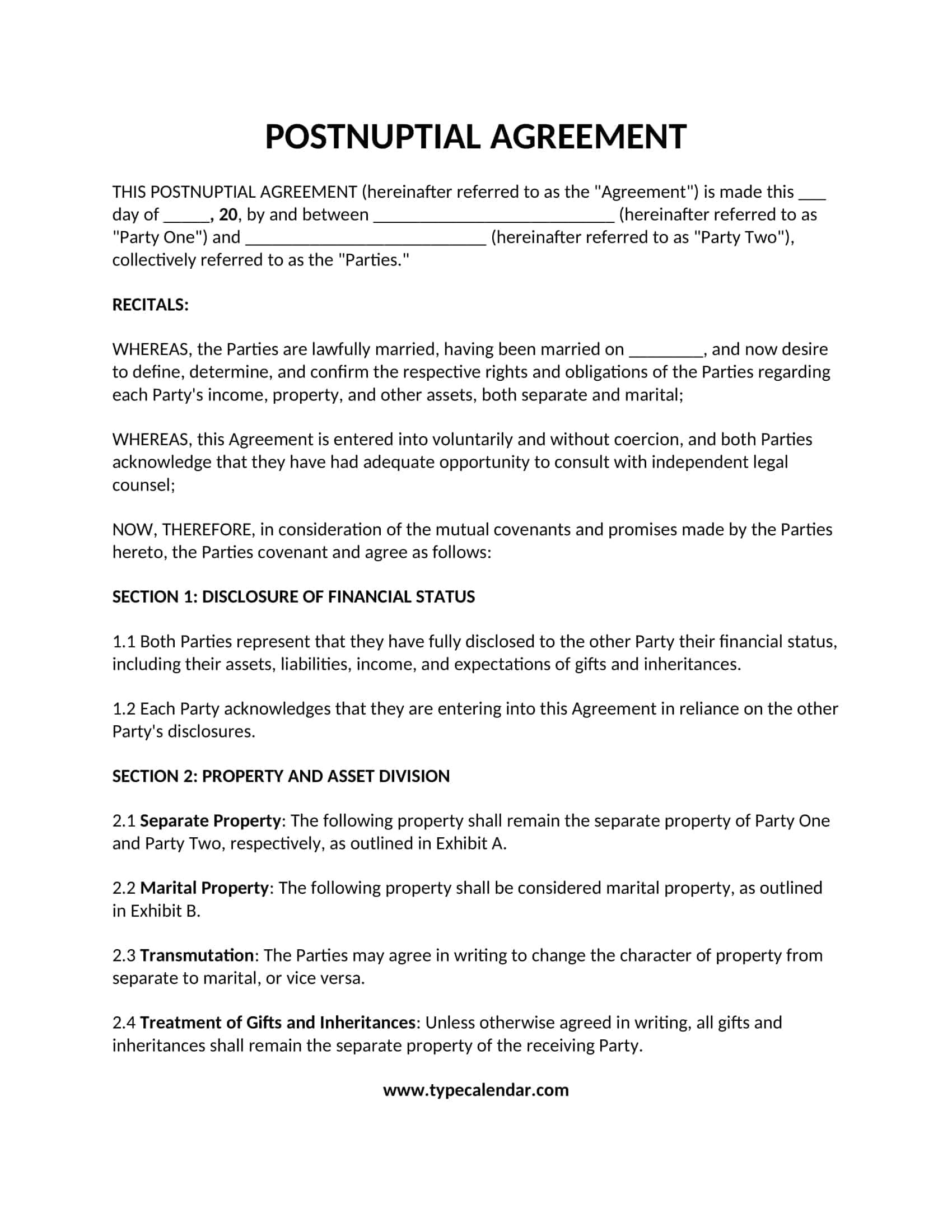 Free Printable Postnuptial Agreement Template Protect Your Assets PDF 