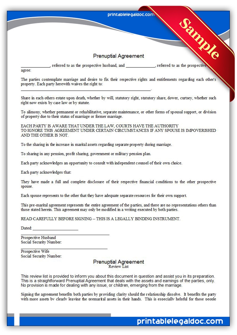 Free Printable Prenuptial Agreement Form GENERIC 