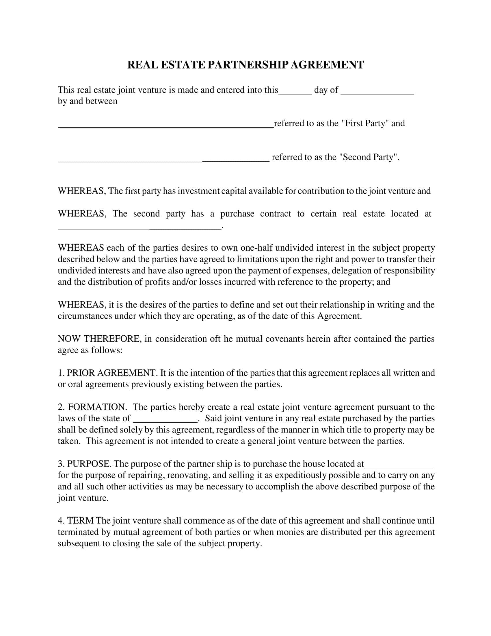 Free Printable Real Estate Partnership Agreement Templates PDF Checklist