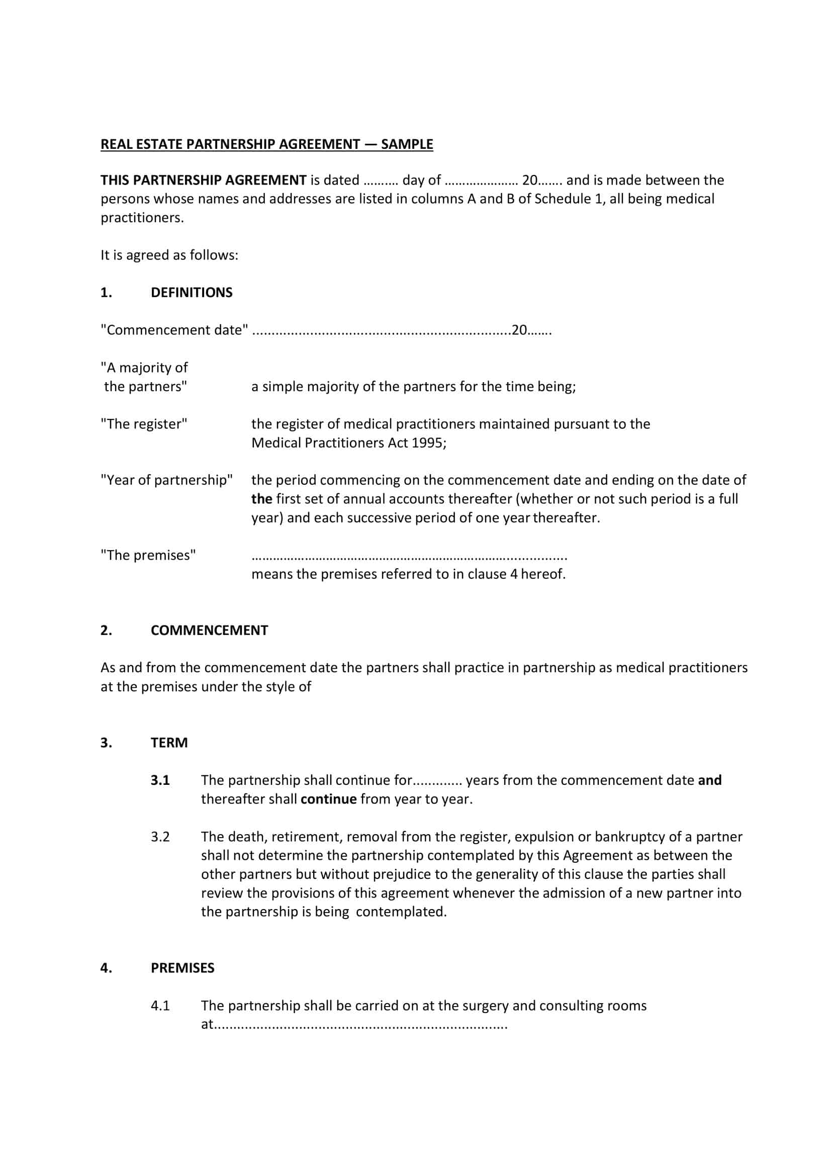 Free Printable Real Estate Partnership Agreement Templates PDF Checklist